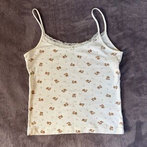 Floral Lace Trim Cami Top - Cream and Brown
